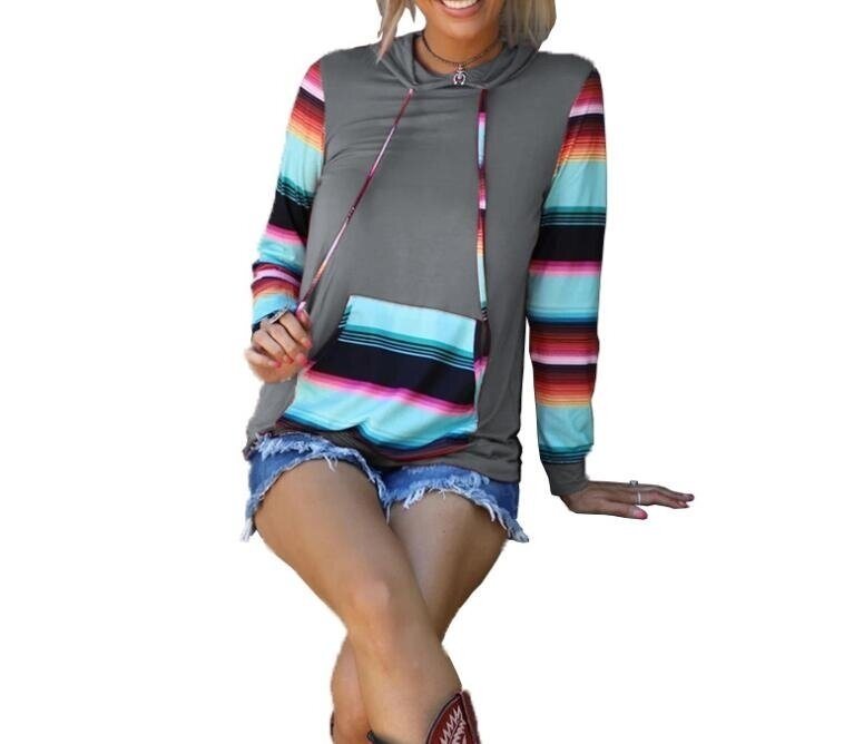 Striped Rainbow Hooded Casual Sweatshirt