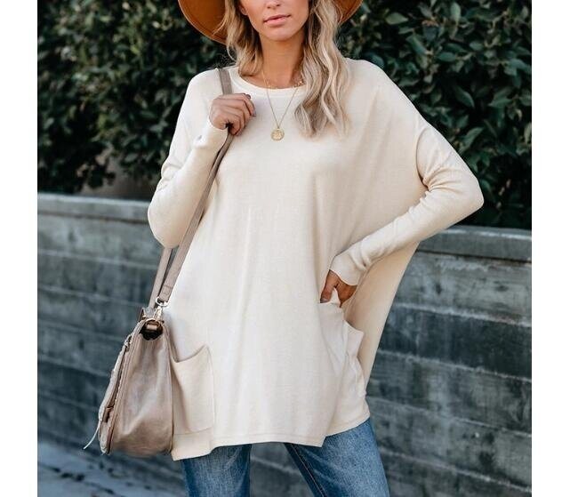 Solid Color Bat Sleeve Long Sleeve Sweater with Pockets