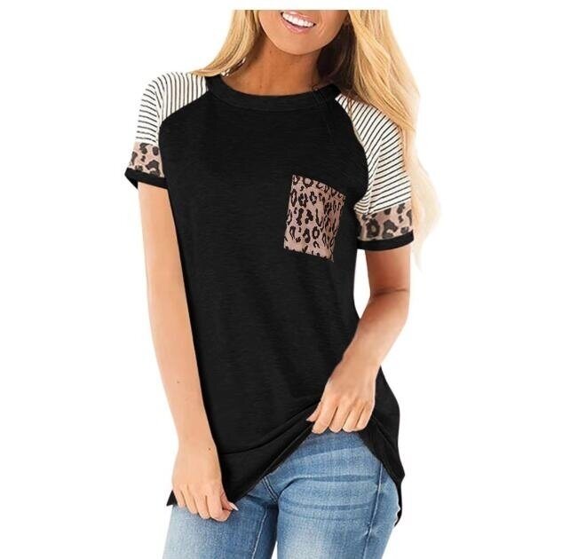 Leopard Striped Printed T Shirt Short Sleeve Color Block Tops