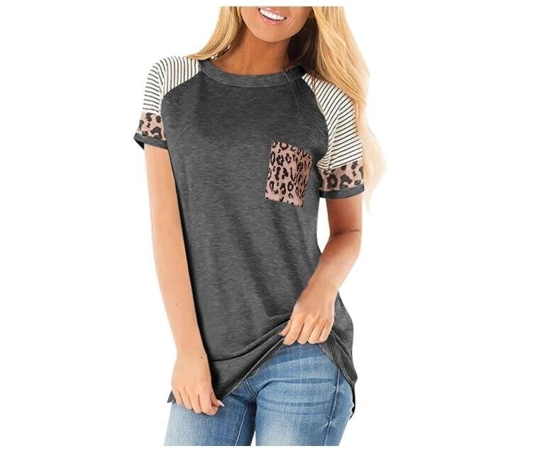 Leopard Striped Printed T Shirt Short Sleeve Color Block Tops