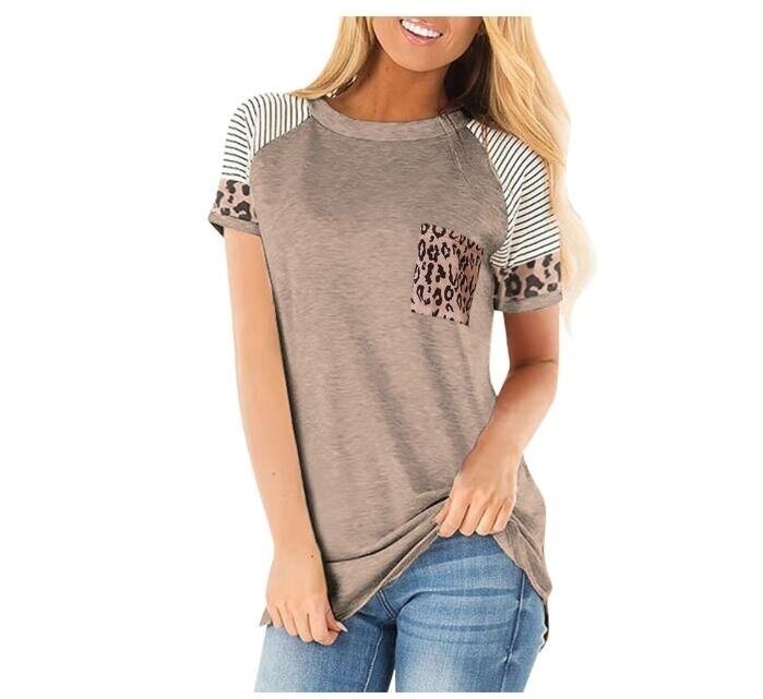 Leopard Striped Printed T Shirt Short Sleeve Color Block Tops