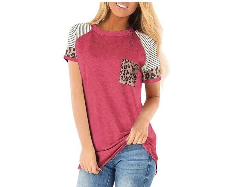 Leopard Striped Printed T Shirt Short Sleeve Color Block Tops