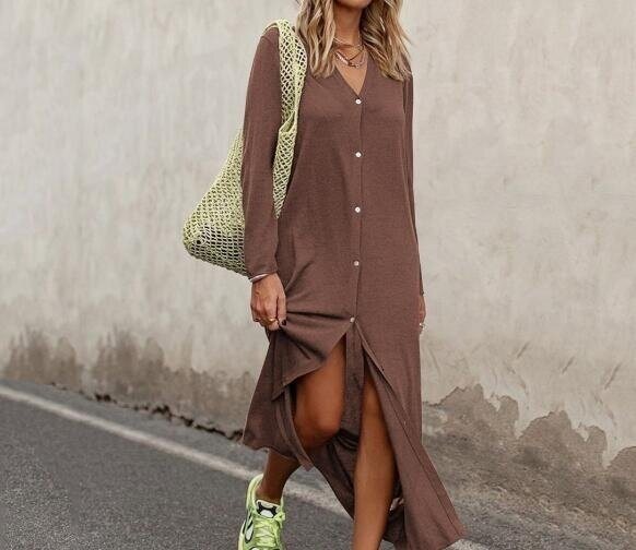 V-neck Long Sleeve Loose Shirt Dress