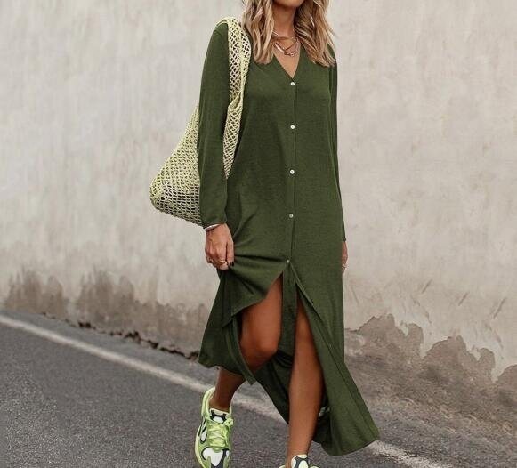 V-neck Long Sleeve Loose Shirt Dress