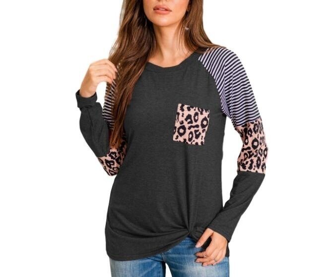 Striped Leopard Print Tunic Long Sleeve Shirt Blouses