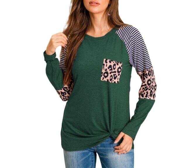 Striped Leopard Print Tunic Long Sleeve Shirt Blouses