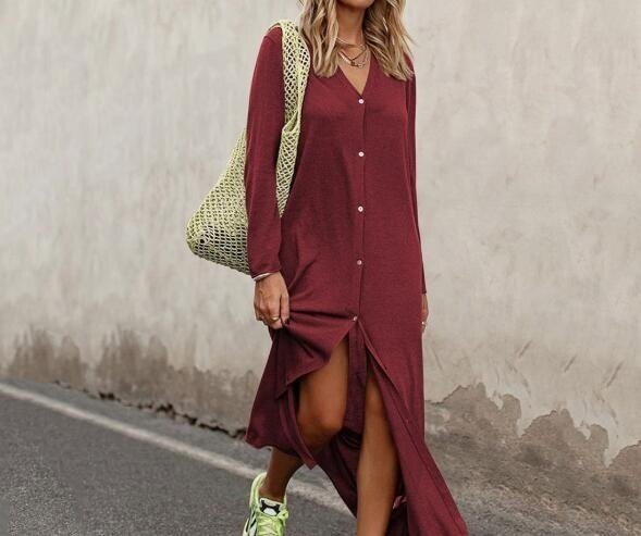 V-neck Long Sleeve Loose Shirt Dress