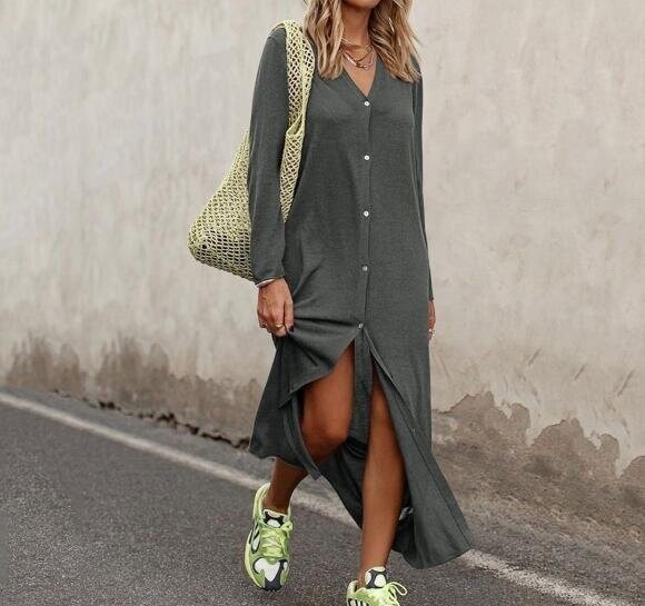 V-neck Long Sleeve Loose Shirt Dress