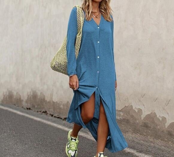 V-neck Long Sleeve Loose Shirt Dress