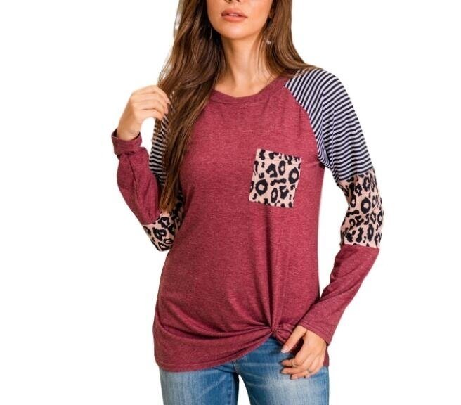 Striped Leopard Print Tunic Long Sleeve Shirt Blouses