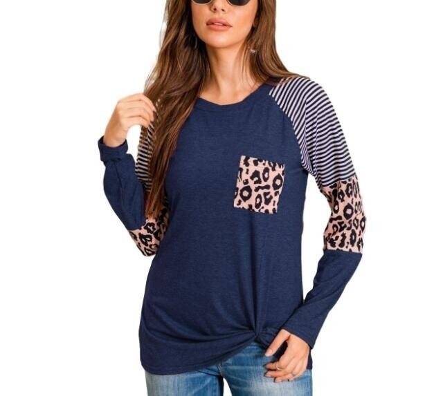 Striped Leopard Print Tunic Long Sleeve Shirt Blouses