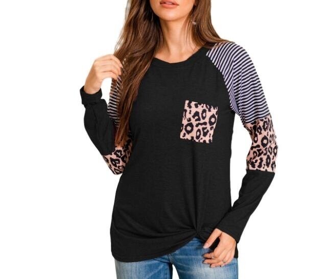 Striped Leopard Print Tunic Long Sleeve Shirt Blouses