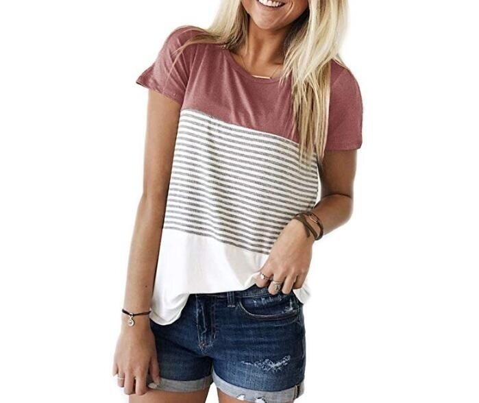 Women T Shirt Short Sleeve Triple Color Block Stripe T-Shirt Casual Blouse