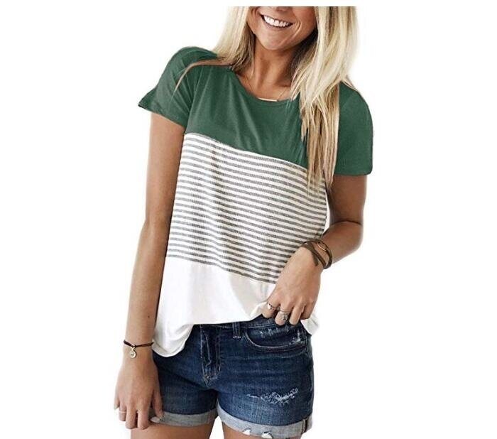 Women T Shirt Short Sleeve Triple Color Block Stripe T-Shirt Casual Blouse