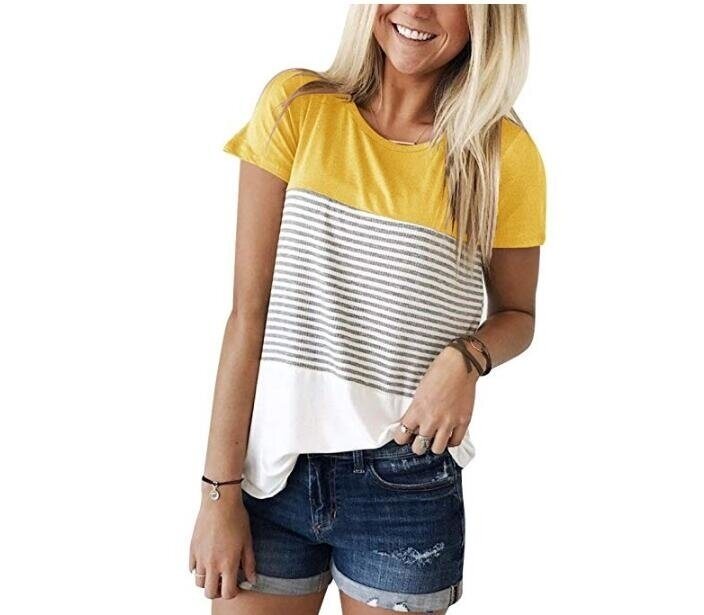 Women T Shirt Short Sleeve Triple Color Block Stripe T-Shirt Casual Blouse