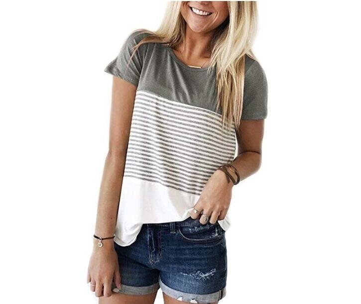 Women T Shirt Short Sleeve Triple Color Block Stripe T-Shirt Casual Blouse