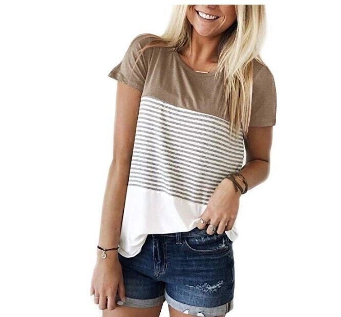 Women T Shirt Short Sleeve Triple Color Block Stripe T-Shirt Casual Blouse