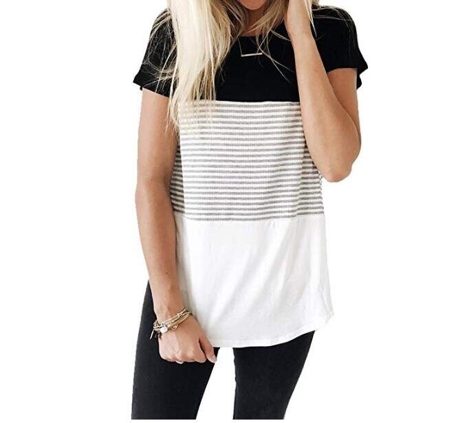 Women T Shirt Short Sleeve Triple Color Block Stripe T-Shirt Casual Blouse