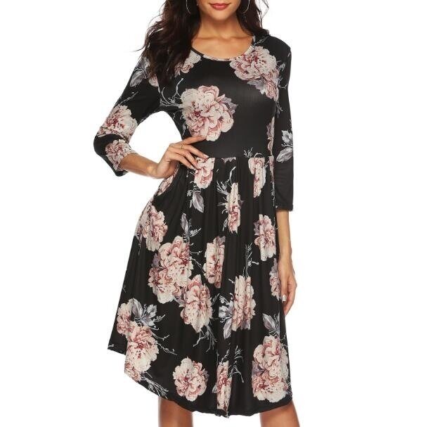 Women's Dress Floral Print 3/4 Sleeve Pockets Casual Swing Pleated Long Dress