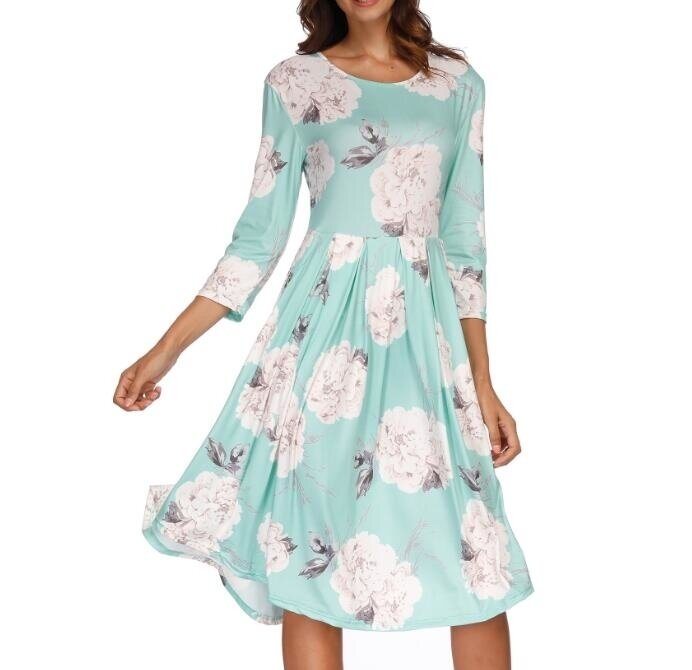 Women's Dress Floral Print 3/4 Sleeve Pockets Casual Swing Pleated Long Dress