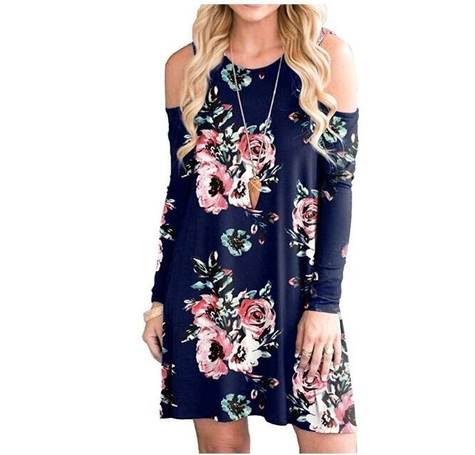 Women's Flower T-Shirt Long Sleeve Cold Shoulder Tunic Top Swing Loose Dress