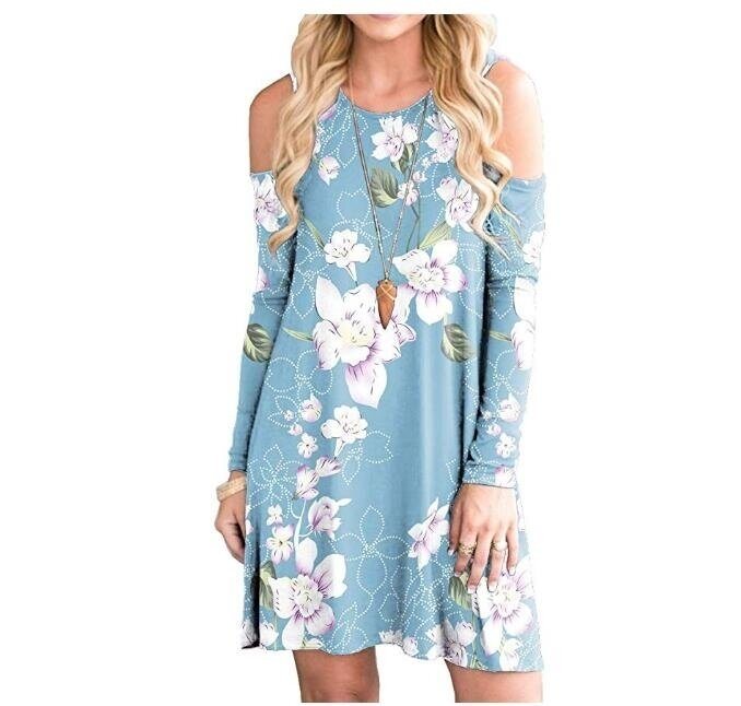 Women's Flower T-Shirt Long Sleeve Cold Shoulder Tunic Top Swing Loose Dress