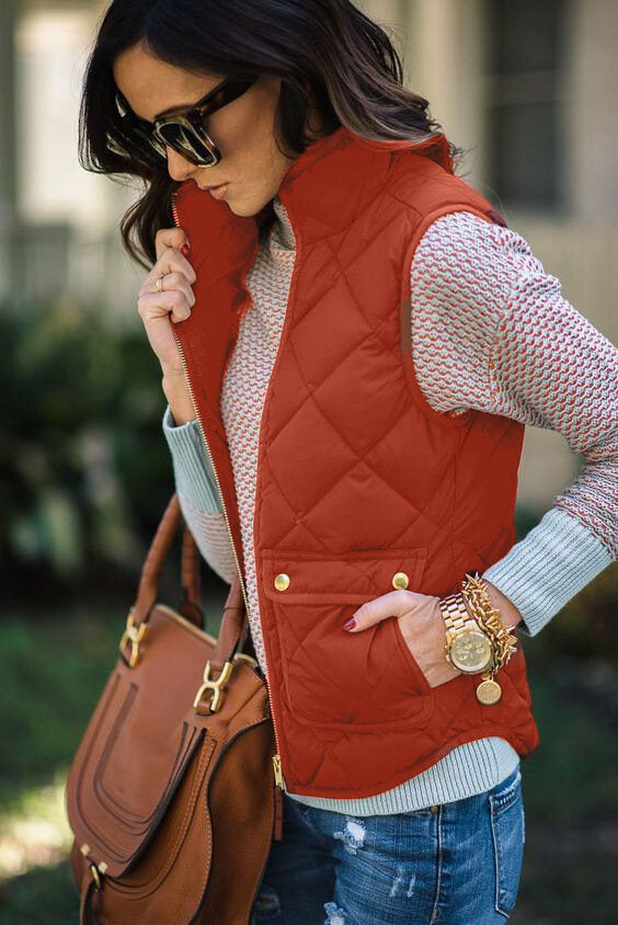 Womens Vest Stand Collar Lightweight Padded Zip Vest Quilted Gilet With Pocket