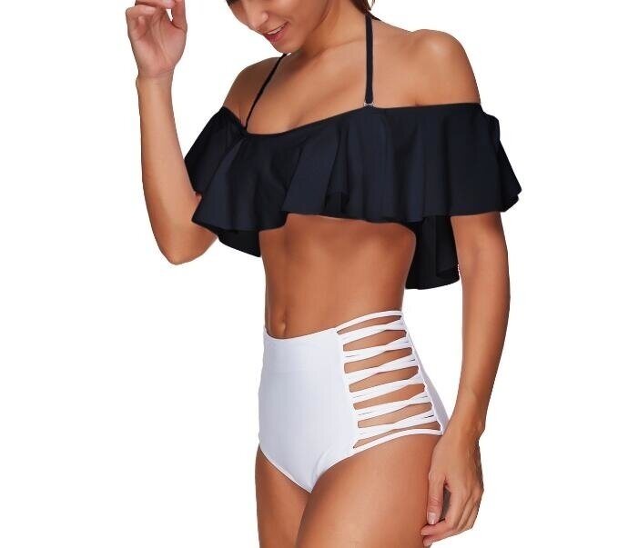 Women Retro Flounce High Waisted Bikini Halter Neck Two Piece Swimsuit