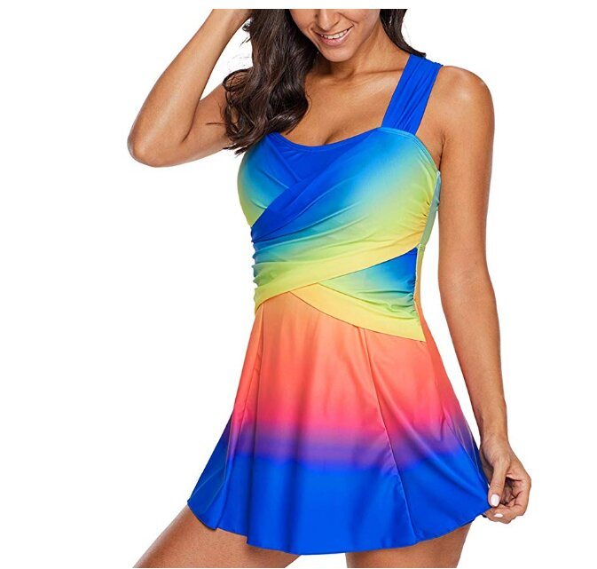 Womens Color Block Printed Tankini Swimdress with Boyshort Swimsuits