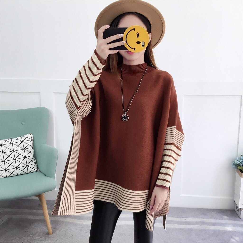 Women's Sweater Chic Turtleneck Batwing Sleeve Asymmetric Knitted Poncho Pullovers Sweater