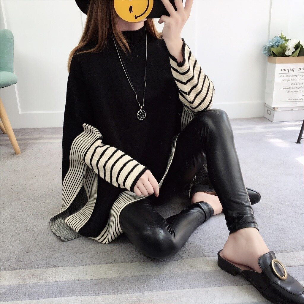 Women's Sweater Chic Turtleneck Batwing Sleeve Asymmetric Knitted Poncho Pullovers Sweater