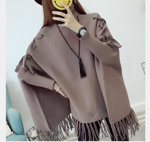 Women's Sweater Chic Turtleneck Batwing Sleeve Asymmetric Knitted Poncho Pullovers Sweater