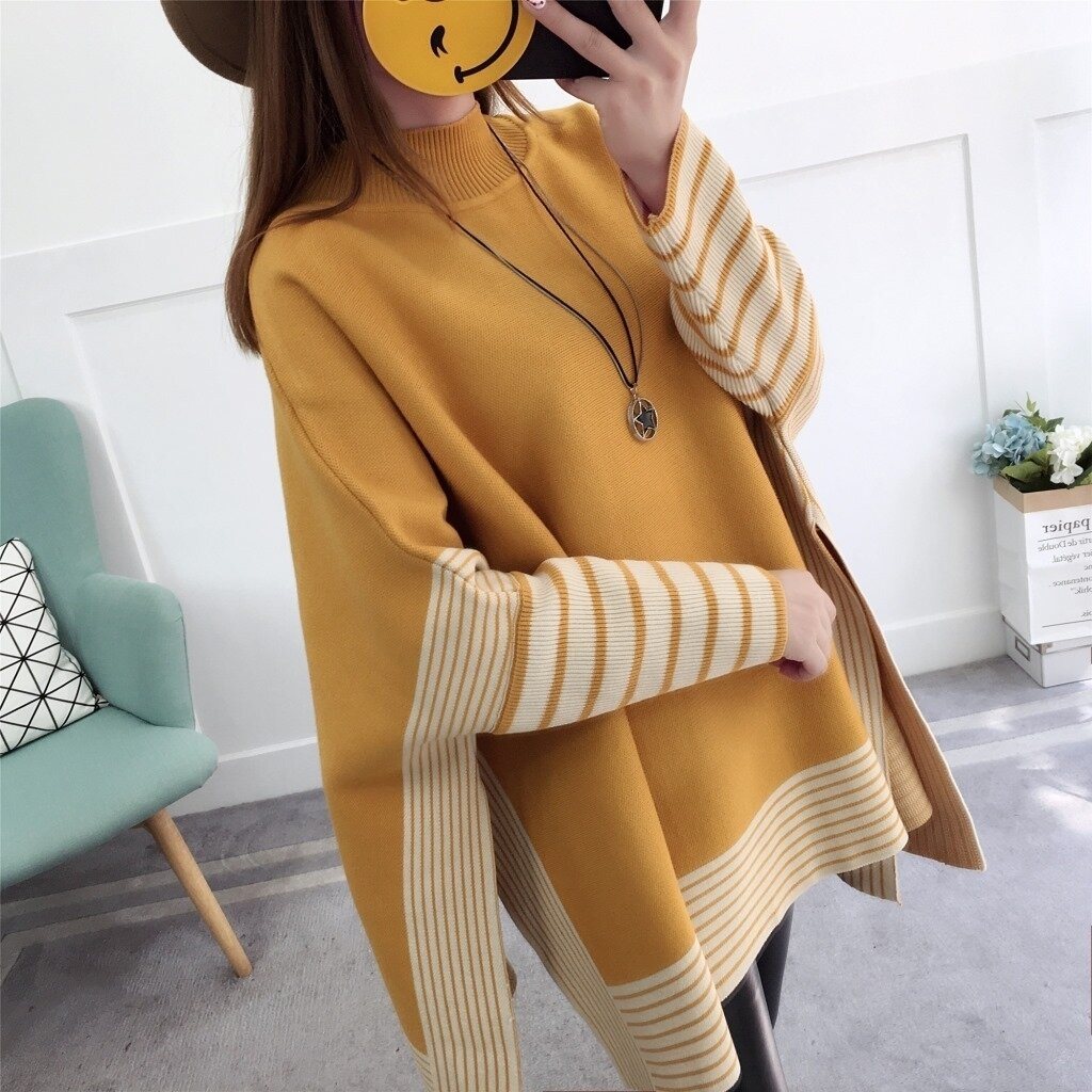 Women's Sweater Chic Turtleneck Batwing Sleeve Asymmetric Knitted Poncho Pullovers Sweater