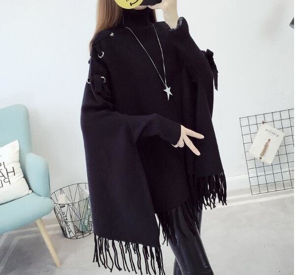 Women's Sweater Chic Turtleneck Batwing Sleeve Asymmetric Knitted Poncho Pullovers Sweater