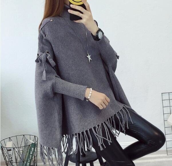 Women's Sweater Chic Turtleneck Batwing Sleeve Asymmetric Knitted Poncho Pullovers Sweater