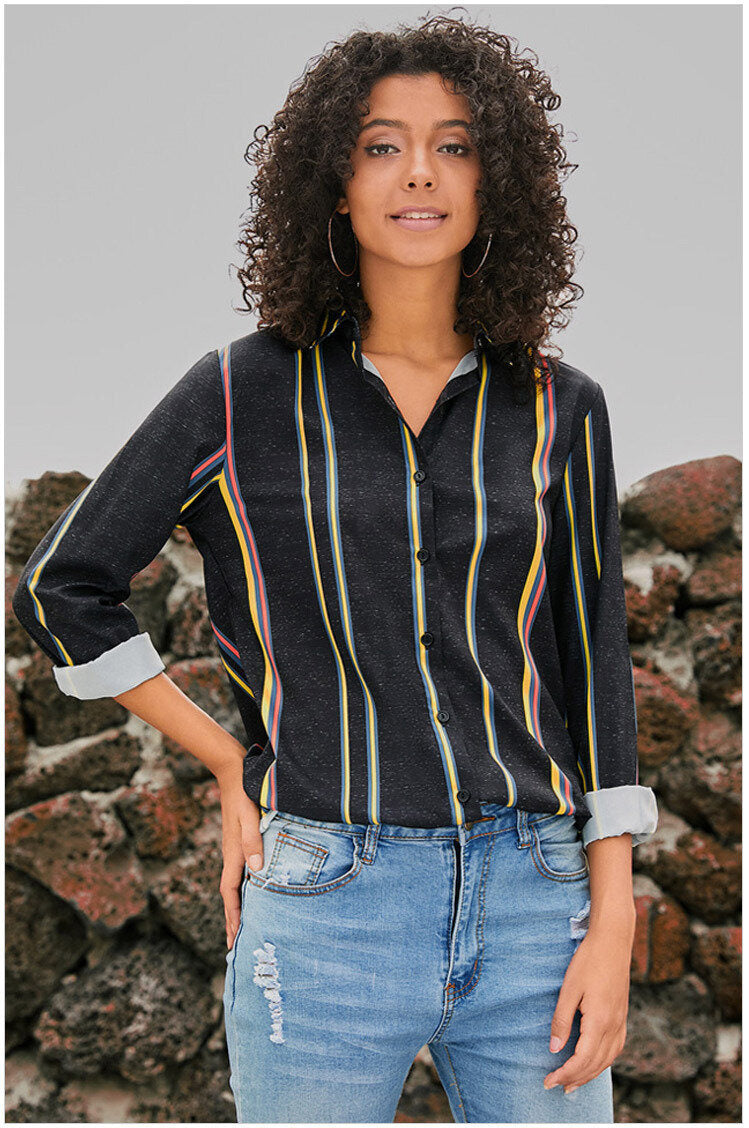 Striped V Neck Long Sleeves Casual Shirt Blouses