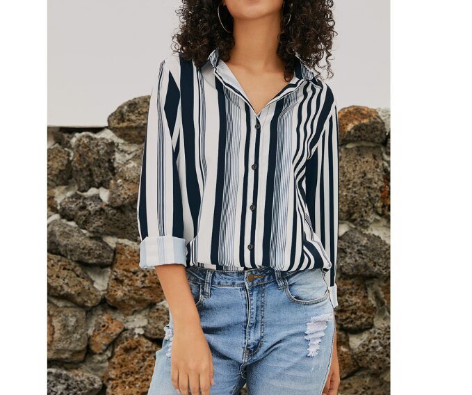 Striped V Neck Long Sleeves Casual Shirt Blouses