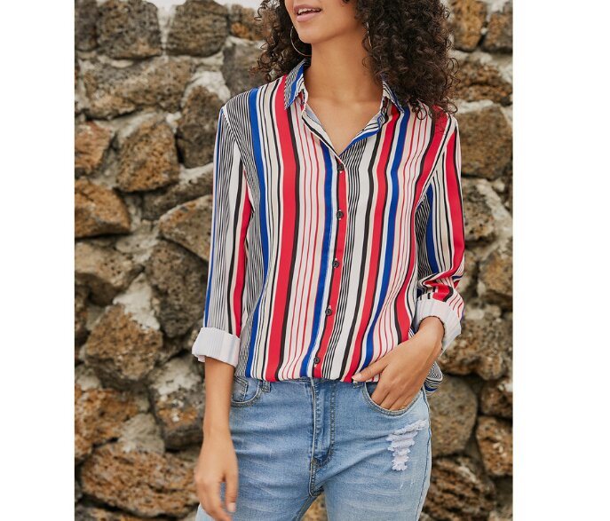 Striped V Neck Long Sleeves Casual Shirt Blouses