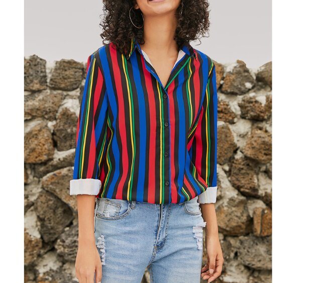 Striped V Neck Long Sleeves Casual Shirt Blouses