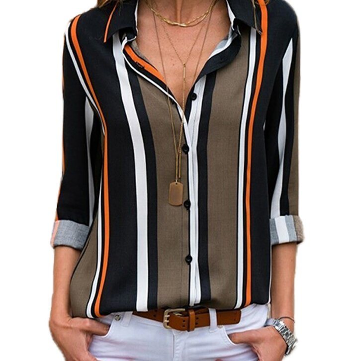 Striped V Neck Long Sleeves Casual Shirt Blouses