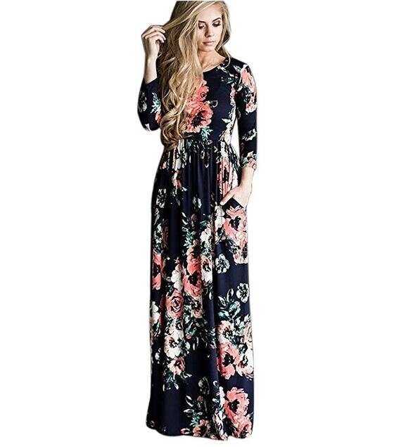 Women's Floral Print 3/4 Sleeve Pockets Casual Swing Pleated Long Maxi Dress