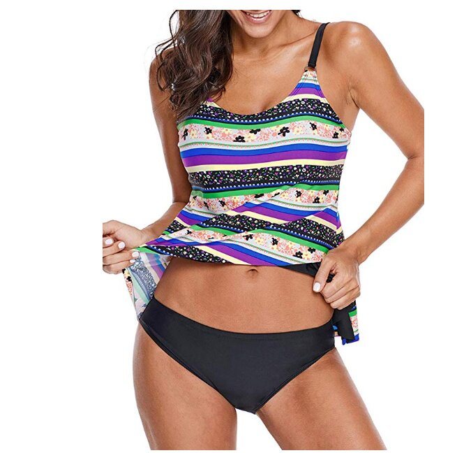 Womens Striped Color Block Printed Layered Tankini Swim Top No Bottom S - XXXL