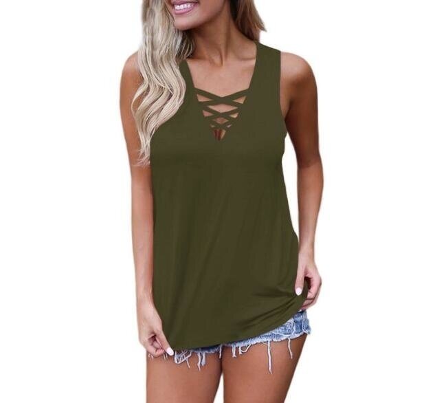 Women's Criss Cross Casual Cami Shirt Sleeveless Tank Top Basic Lace up Blouse