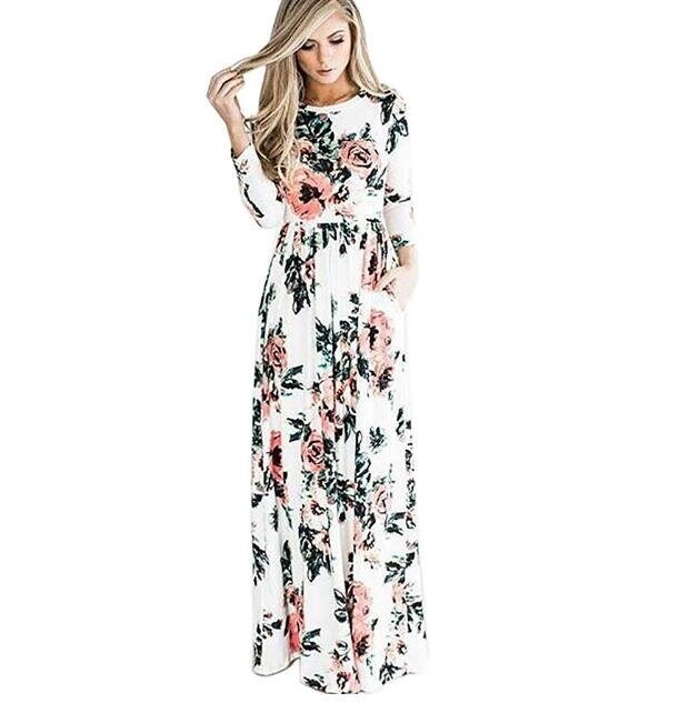 Women's Floral Print 3/4 Sleeve Pockets Casual Swing Pleated Long Maxi Dress