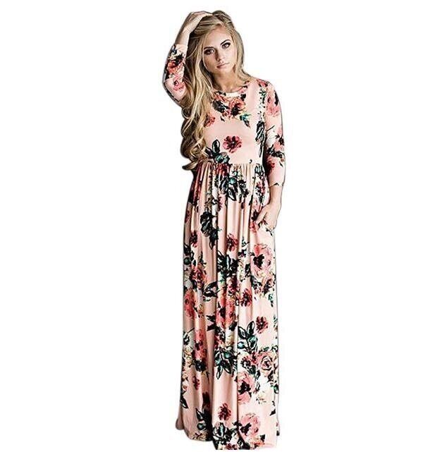 Women's Floral Print 3/4 Sleeve Pockets Casual Swing Pleated Long Maxi Dress