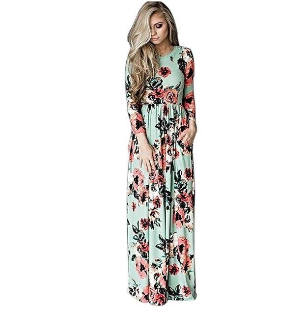 Women's Floral Print 3/4 Sleeve Pockets Casual Swing Pleated Long Maxi Dress