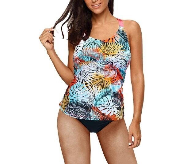 Palm Leaves Print Halter Backless Tankini Top