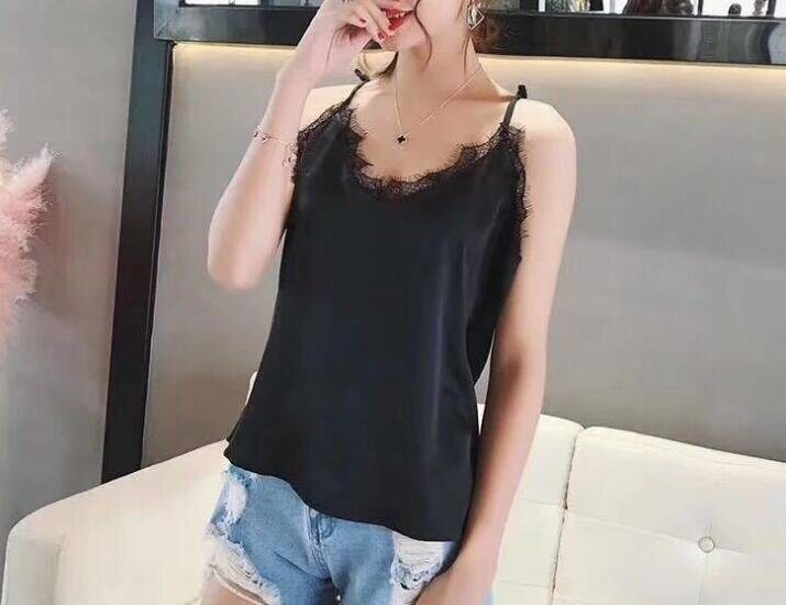 Women Summer Silk Camisole Cropped Lace Black Tank Tops