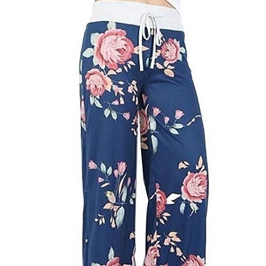 Women Casual Pants Floral Drawstring Wide Leg High Waist Palazzo Lounge Pants