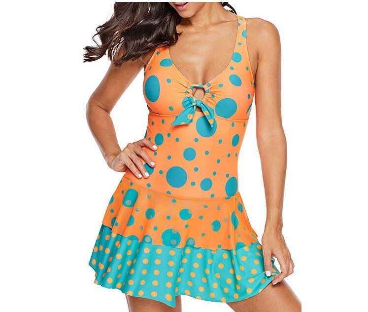 Womens Retro Polka Dot Tankini One Piece Swimdress Swimwear Swimsuits